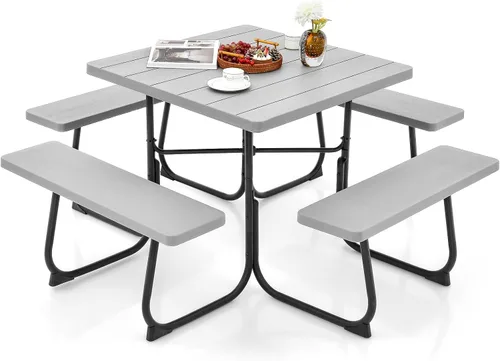 Miniatura 16 de Giantex Juego de mesa de picnic para 8 personas, mesa y banco al aire libre con agujero para paraguas, parte superior de polietileno de alta Verde