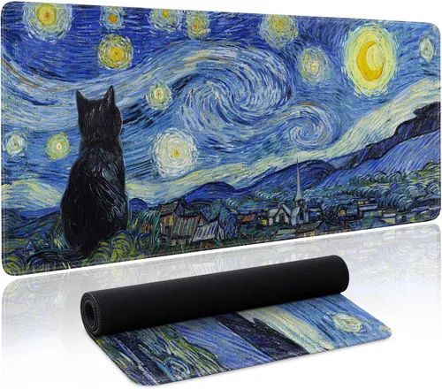 Miniatura 8 de Alfombrilla de ratón linda con gato grande, alfombrilla de escritorio verde extendida, alfombrilla de teclado con base antideslizante y bordes Gato