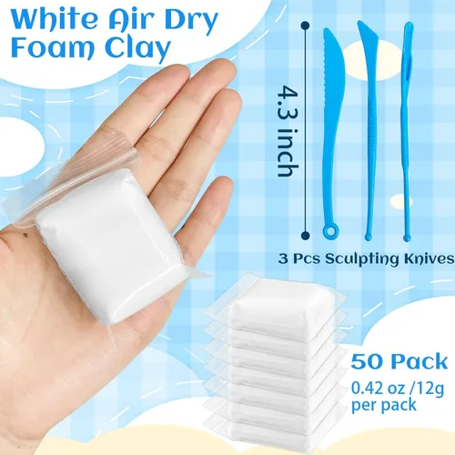 Miniatura 2 de Paquete de 50 arcilla de espuma blanca seca al aire, arcillas moldeables suaves y ligeras de 1.3 libras con 3 cuchillos de escultura para niños