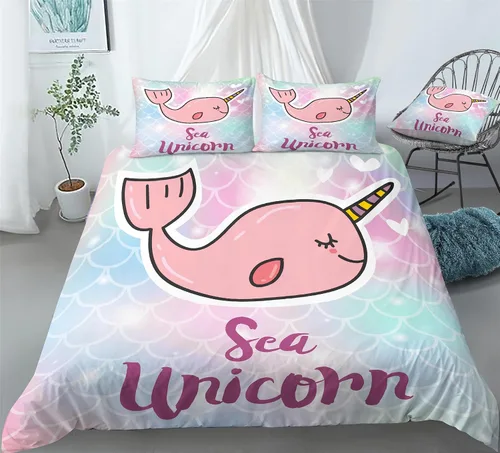 REALIN Narwhal Cartoon Animal Duvet Cover Set Cute Marine Animals Bedding Girl Boy Kids Bed Sets 2/3/4PCS Quilt Covers/Sheets/Pillow