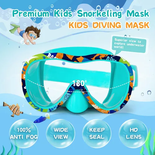 Miniatura 2 de Gafas de natación para niños con cubierta para la nariz, máscara de esnórquel panorámica de 180° con diseño antivaho y antifugas, correa de tela
