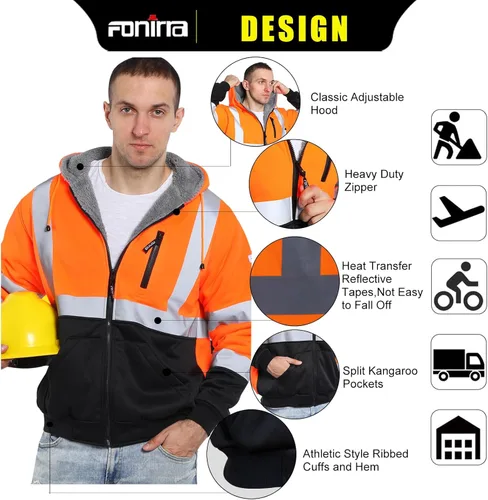 Miniatura 3 de FONIRRA - Sudadera masculina con capucha de alta visibilidad, con forro de vellón, seguridad ANSI clase 3, chaqueta de trabajo con fondo