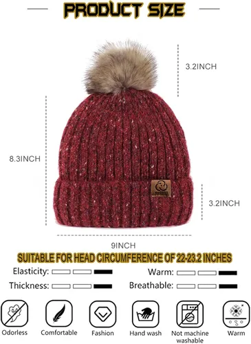 Miniatura 2 de photios Gorro de punto de invierno para mujer con pompón de piel sintética de punto cálido para mujer