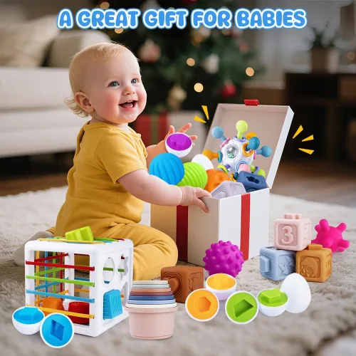 Miniatura 8 de Juguetes 6 en 1 para bebés de 6 a 12 meses, juguete Montessori para niños de 1 año, juguete de dentición para bebés, apilar tazas, cubo sensorial