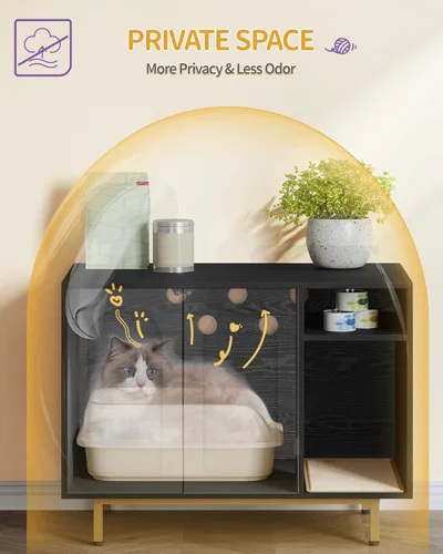 Miniatura 4 de Hzuaneri Caja de arena para gatos, mueble oculto con almacenamiento, armario grande de madera con alfombrilla de sisal, baño moderno para gatos