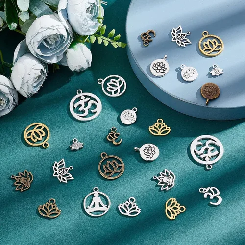 Miniatura 4 de SUNNYCLUE 1 caja 68 dijes de loto para yoga, flor de loto, dije hueco OM Yoga Chakra Energía Dijes planos redondos para hacer joyas, collares
