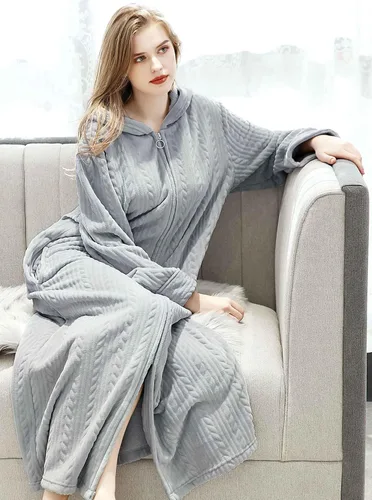 Miniatura 5 de Artfasion Bata larga con cremallera frontal y capucha para mujer, ropa de dormir de longitud completa para mujer