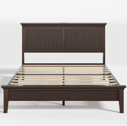 Miniatura 4 de Lifezone Cama Queen de madera, cama de madera maciza con cabecera alta, diseño vintage americano, cama Queen con estación de carga y LED RGB, Nogal