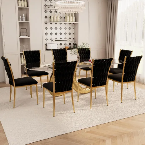 Miniatura 18 de Juego de 2 sillas de comedor de terciopelo, modernas sillas de cocina tejidas con patas de metal dorado, cojín tapizado con respaldo alto