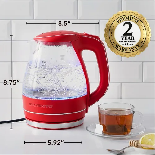 Miniatura 6 de OVENTE Hervidor Eléctrico, 1.5L de Vidrio de Borosilicato para Encimera, Calentador y Hervidor de Agua para Café o Té, Libre de BPA, Apagado Rojo