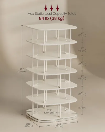 Miniatura 2 de VASAGLE Zapatero de 7 niveles, torre giratoria para zapatos, organizador de armario de zapatos, estante para zapatos, 28-35 pares, 23.6 x 23.6 x