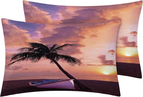 Miniatura 2 de Juego de sábanas de playa divididas tamaño King para camas ajustables, palmeras tropicales al atardecer, juego de 5 piezas, microfibra suave