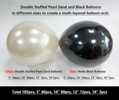 Miniatura 5 de Kit de arco de globos de 185 piezas negros y de arena de perlas doble relleno con lazos y perlas de imitación, globos negros y blancos