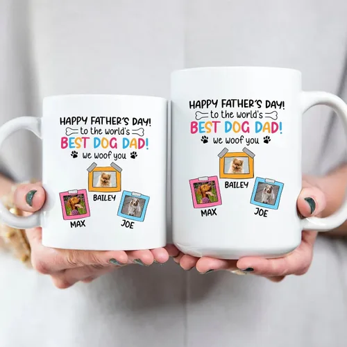 Miniatura 6 de Taza de café blanca personalizada con foto, con texto en inglés «To The World's Best Dog Dad We Woof You», taza de café blanca de 11 onzas y 15