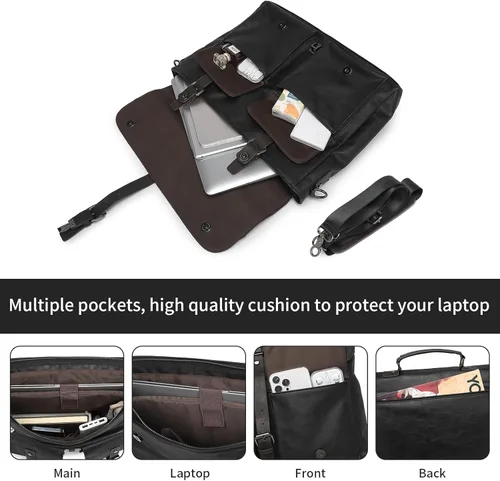 Miniatura 3 de Bolsa de mensajero de cuero para hombre, bolso vintage para computadora portátil, resistente al agua, maletín de viaje de negocios, bolsa de trabajo