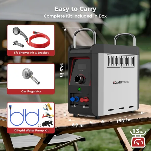 Miniatura 4 de CAMPLUX Nano 3 Calentador de agua portátil de propano con kit de bomba, diseño compacto y ligero, cables de bomba de conexión rápida y mangueras