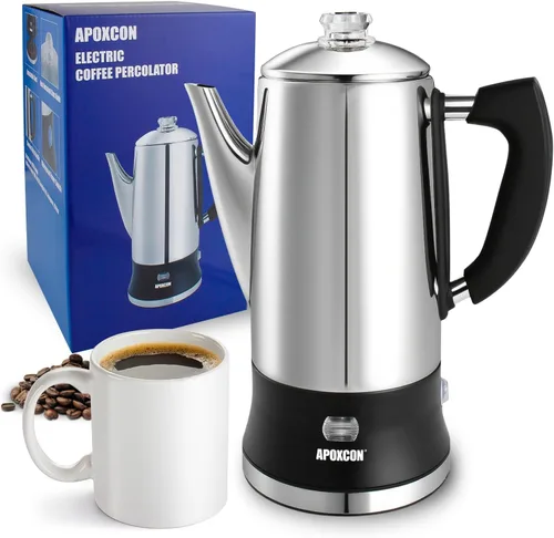 APOXCON Cafetera eléctrica de acero inoxidable con perilla de progreso de preparación transparente, botón de vidrio resistente y interruptor de