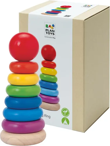 PlanToys Anillo apilable de madera para motricidad fina inspirada en Montessori y aprendizaje temprano | Reconocimiento de color, resolución de