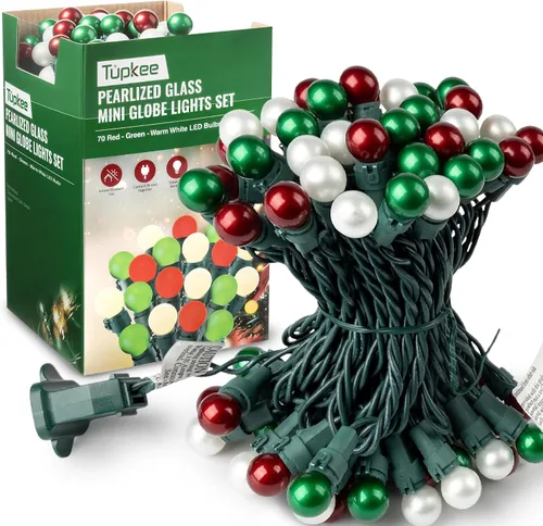 Juego de mini luces de globo de cristal perlado, 70 bombillas LED G15 rojas, verdes y blancas cálidas, para interiores y exteriores, 25.3 pies,