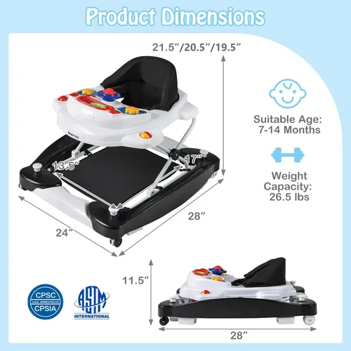Miniatura 8 de HONEY JOY Andador de bebé, Andador y bouncer plegable de 6 en 1, Andador de actividad para bebé con ruedas, alturas ajustables, mecedora, música