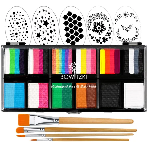 Bowitzki Pintura facial profesional de 12 x 10 gm, kit de pintura corporal, plantilla de un trazo dividida para tartas, caja fuerte, no tóxico, arco