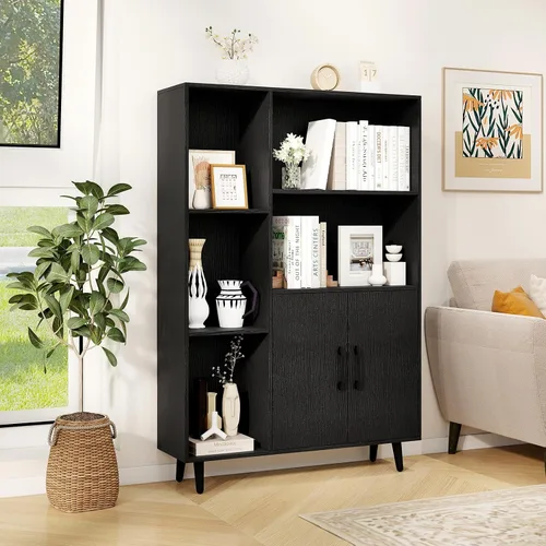 Miniatura 2 de Giantex Gabinete de almacenamiento de 47 pulgadas, estantería con 2 puertas, 5 estantes abiertos, patas de metal, kits antipuntas, gabinete de Negro