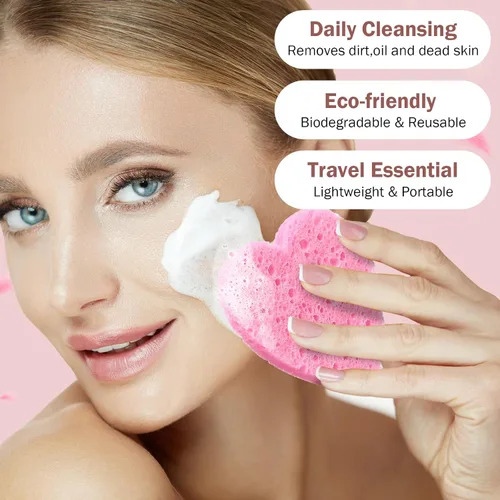 Miniatura 4 de Dandat 300 esponjas faciales comprimidas en forma de corazón, esponjas faciales para limpieza, almohadillas exfoliantes faciales naturales para Rosa
