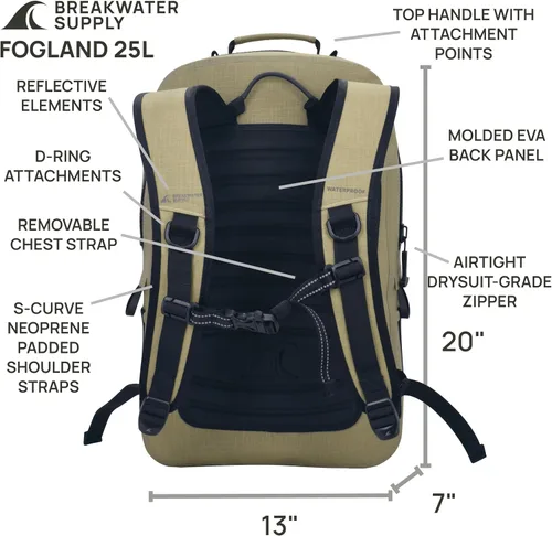 Miniatura 5 de Breakwater Supply™ Mochila impermeable IP68 sumergible con cierres herméticos Para portátil, viajes al aire libre Fogland 25L 20L 15L, 25 L