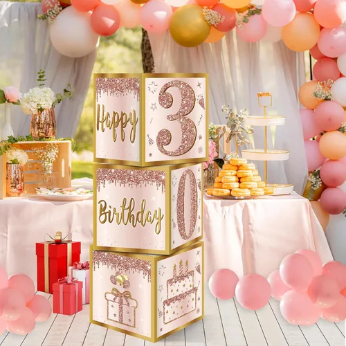 Miniatura 5 de Guiruiy 3 piezas de cajas de decoración para el 30 cumpleaños de mujeres, cajas de globos de cumpleaños de 30 años en rosa y oro rosa, decoración