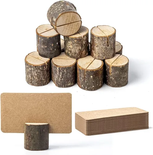 Jofefe 12 mini tarjeteros de madera y 24 tarjetas de lugar de papel Kraft, soportes rústicos de números de mesa, etiquetas de alimentos para bufé de