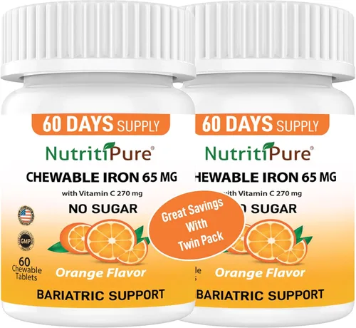 Miniatura 10 de Hierro carbonílico masticable de 65 mg con 270 mg de vitamina C – Tableta Bariátrica (no gomosa), sabor a naranja sin azúcar – Suplemento de hierro