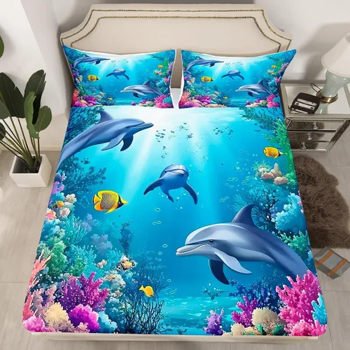 Miniatura 24 de Sábana bajera ajustable de tamaño individual para niños, diseño de animales marinos náuticos, juego de ropa de cama coral bajo el mar, juego de ropa