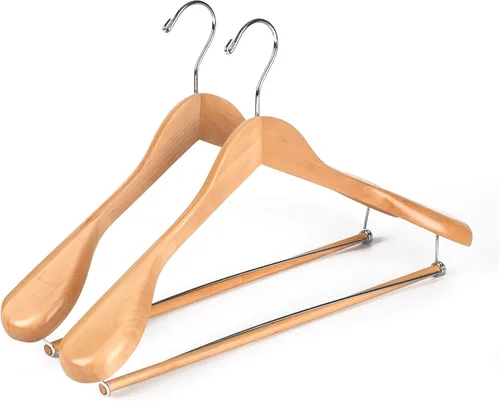 Perchas de madera de lujo con hombros anchos, paquete de 2 unidades, con barra de bloqueo, acabado natural liso de madera para armario, soporta