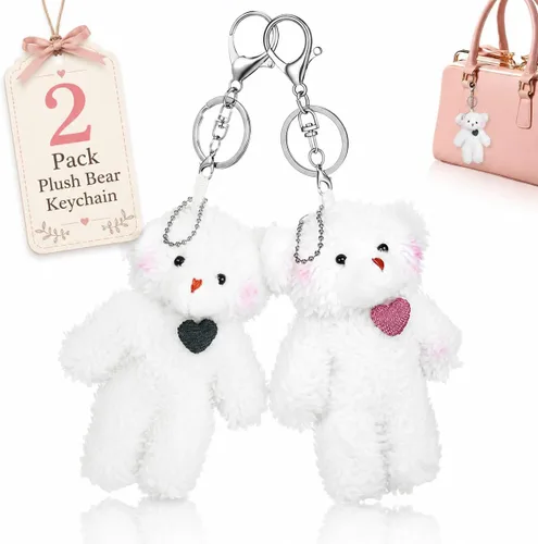 NUOBESTY 2 llaveros de oso de peluche, bonitos dijes para bolsa de oso de peluche con corazón de osos suaves para bolso, mochila, bolso, llaveros a