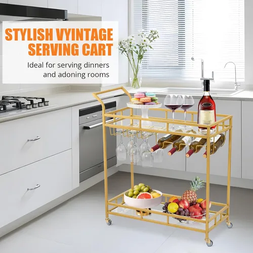 Miniatura 3 de GAOMON Carrito de bar grande dorado, carrito de servicio de bar en casa, carrito de vino con 2 estantes espejados, soportes para vino, soportes