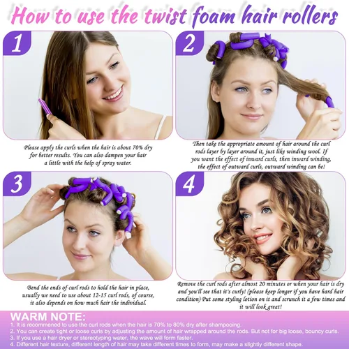 Miniatura 4 de 30 rizadores de pelo de espuma pequeños, 9.45 pulgadas de largo x 0.47 pulgadas de diámetro, varillas flexibles sin calor para cabello corto, Morado