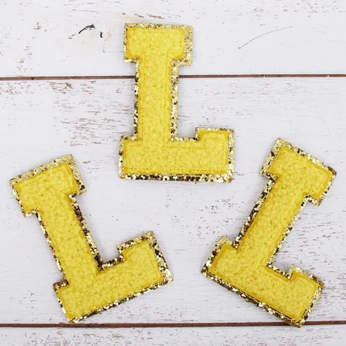 Miniatura 112 de Paquete de 3 parches de felpilla termoadhesivos con brillantina de las letras "S" de 2.0 in de alto, tela de felpilla negra con ribete dorado
