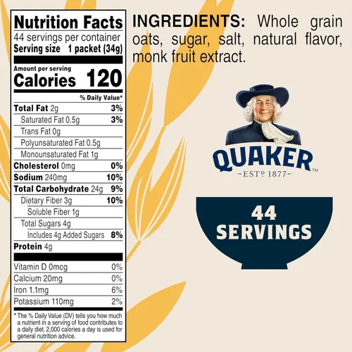 Miniatura 2 de Quaker Avena Instantánea Baja en Azúcar, Arce y Azúcar Morena, 1.19 Oz, Paquete de 44