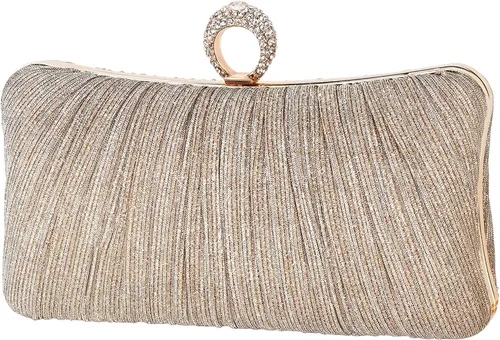 iWISH Bolso de mano con purpurina dorada para mujer bolsa de noche plisada para fiesta de boda nupcial con anillo de diamantes de imitación