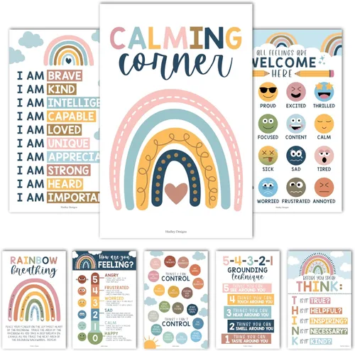 Hadley Designs 8 Pósters de Rincón Calmante para Aula Imprescindibles para Maestros - Suministros para Rincón de Calma de 11x17, Tabla de