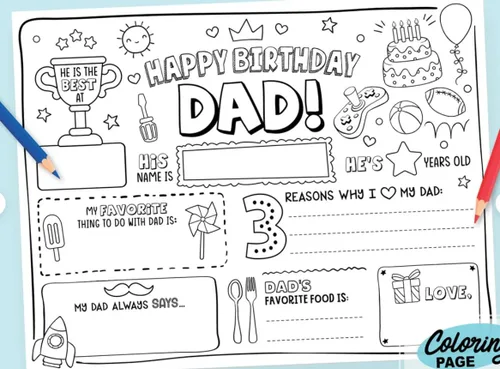 Miniatura 2 de CJ&M Página para colorear de feliz cumpleaños para papá Plantilla de relleno de todo sobre papá Actividad de cumpleaños del padre Tarjeta