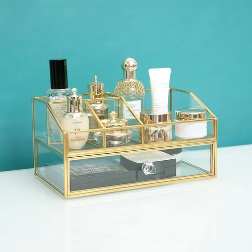 Miniatura 3 de JIARI Organizador de maquillaje de cristal con cajón, caja de exhibición de joyas con marco de latón dorado, almacenamiento de cosméticos