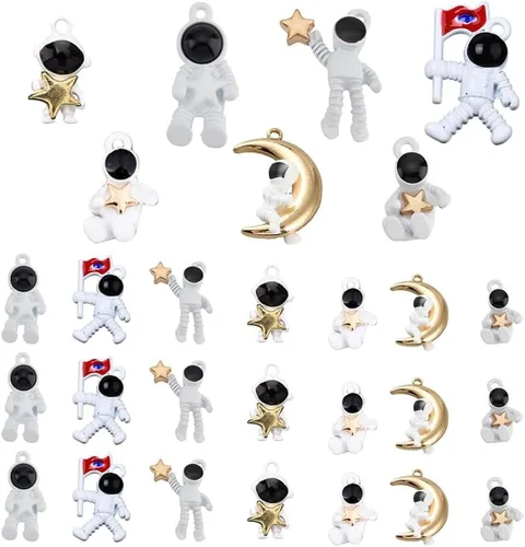 PH PandaHall 7 estilos de dijes de astronauta, 28 piezas de dijes de astronauta, estrella espacial, luna, dijes de universo, cuentas sueltas,