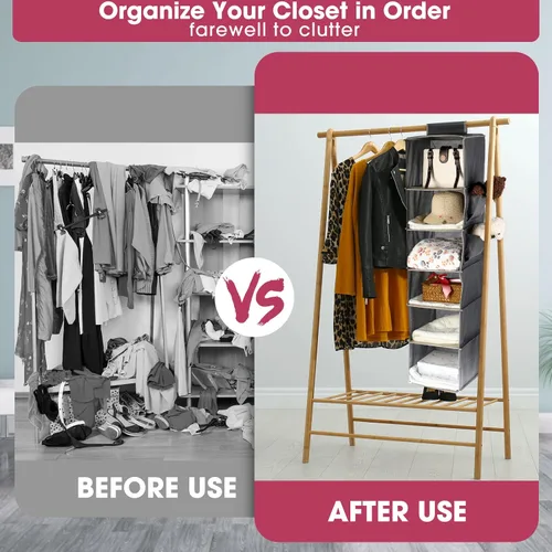 Miniatura 5 de Paquete de 3 organizadores y almacenamiento colgantes de armario, 6 estantes colgantes para ropa, organizador de ropa plegable, estantes de tela