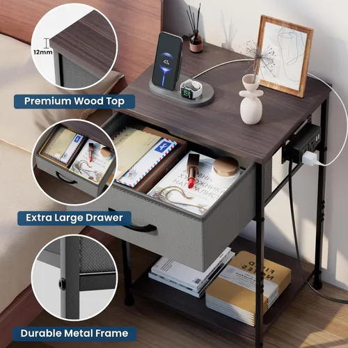 Miniatura 5 de Whitmor Mesita de noche con estación de carga, mesita de noche con cajón de tela y estante de almacenamiento, mesa auxiliar con puertos USB y tomas