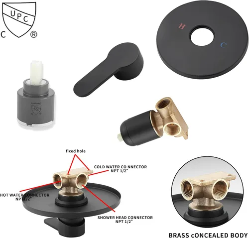 Miniatura 5 de Cabezal de regadera de color negro mate con una sola función, kit de ajuste de regadera con válvula de paso, sistema completo de llave de regadera