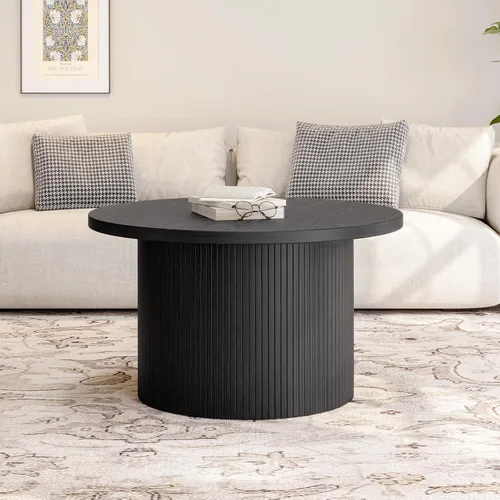 Miniatura 5 de ONBRILL Mesa de centro redonda de 31.5 pulgadas, mesas de centro con diseño de tambor para sala de estar, mesa de centro de madera moderna de Negro