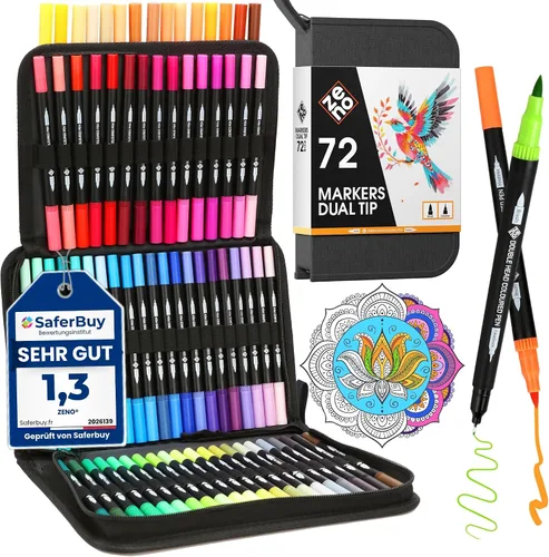 ZENO Juego de 72 marcadores de doble punta Set-C con estuche – Marcadores de arte sin sangrado para adultos – Puntas finas y de pincel – Lápices de
