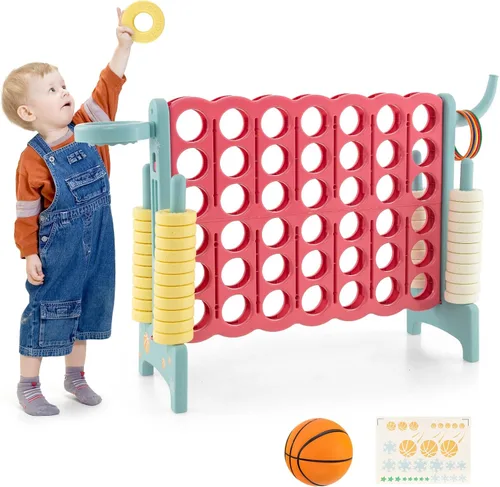Miniatura 15 de HONEY JOY Juego gigante gigante de 4 a puntuación, 3 en 1 para interiores y exteriores, juego de patio familiar con aro de baloncesto y lanzamiento