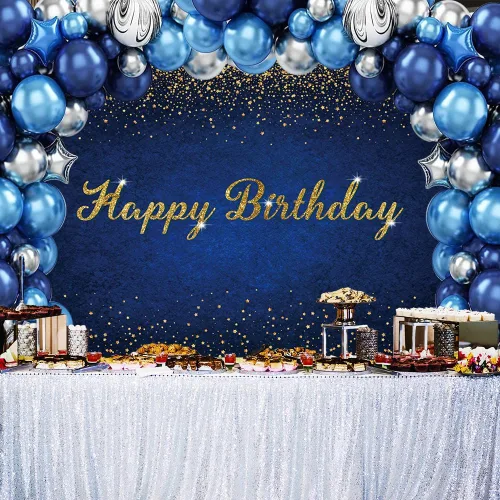 Miniatura 5 de AIBIIN Fondo de cumpleaños azul oscuro de 7 x 5 pies, pancarta de fondo de feliz cumpleaños azul oscuro con puntos dorados para fotografía, fondo